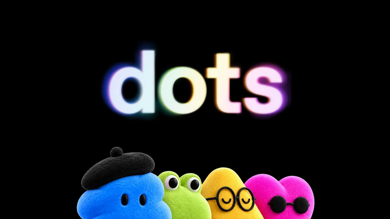 Os Dots da OpenAI: personagens de pelúcia como uma nuvem azul de boina, um sapo verde, um triângulo amarelo de óculos e um coração rosa de óculos escuros